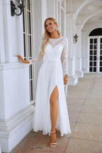 Damen Rundhalsausschnitt Langarm Vorderschlitz Chiffon Spitzen bodenlanges Brautjungfern Abendkleid Hochzeitsball Festkleid 28122