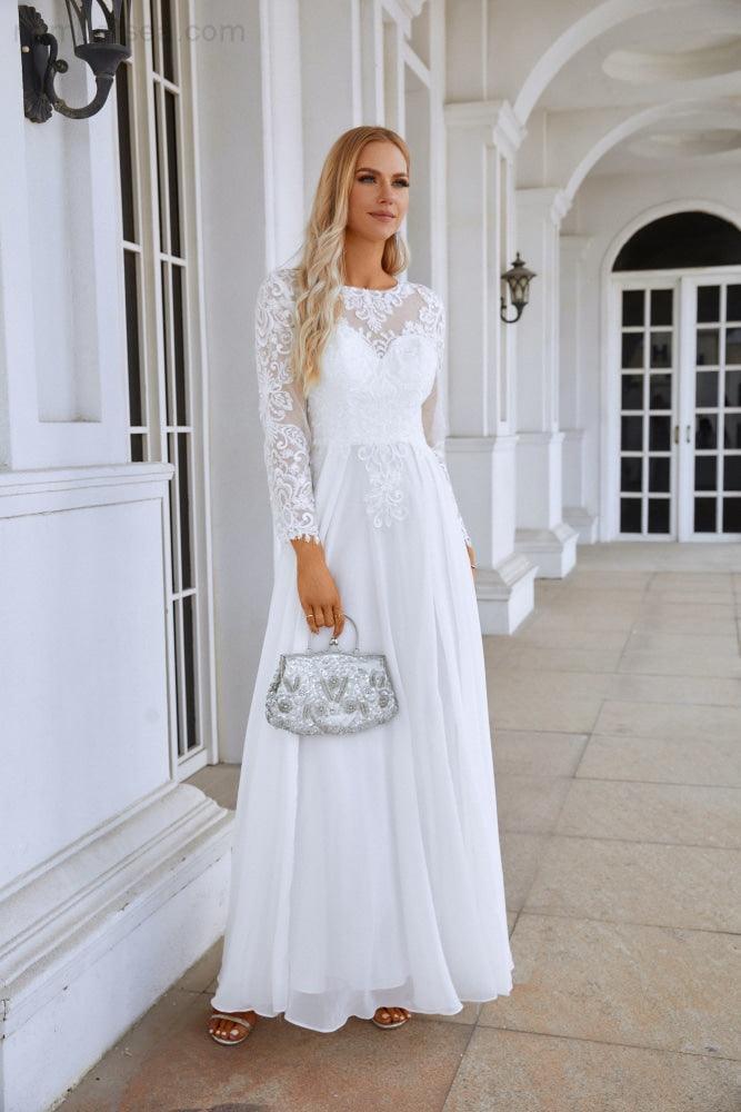 Damen Rundhalsausschnitt Langarm Vorderschlitz Chiffon Spitzen bodenlanges Brautjungfern Abendkleid Hochzeitsball Festkleid 28122