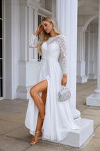 Damen Rundhalsausschnitt Langarm Vorderschlitz Chiffon Spitzen bodenlanges Brautjungfern Abendkleid Hochzeitsball Festkleid 28122