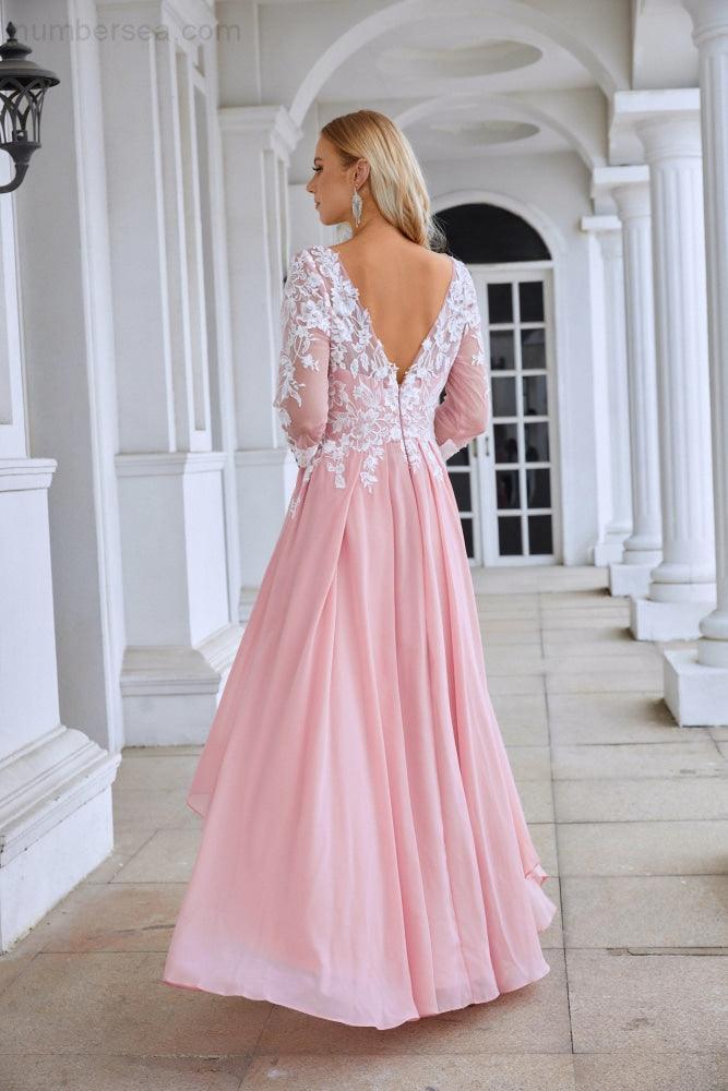 Abito da sera da damigella con scollo rotondo, maniche lunghe in chiffon e pizzo, lunghezza corta davanti e lunga dietro, abito da sposa da sera 28123