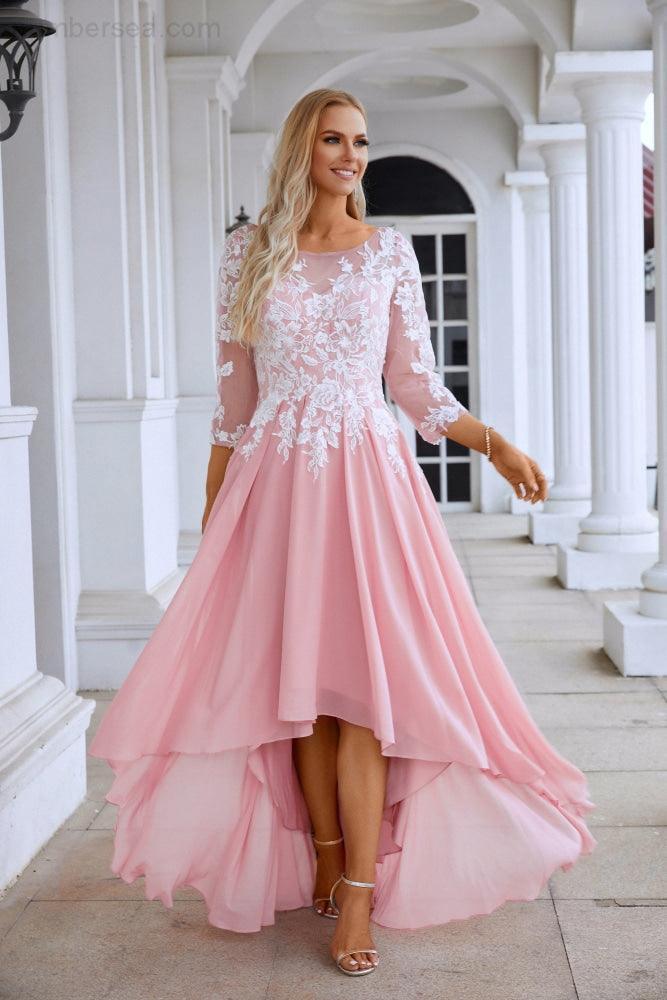 Abito da sera da damigella con scollo rotondo, maniche lunghe in chiffon e pizzo, lunghezza corta davanti e lunga dietro, abito da sposa da sera 28123