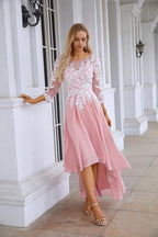 Abito da sera da damigella con scollo rotondo, maniche lunghe in chiffon e pizzo, lunghezza corta davanti e lunga dietro, abito da sposa da sera 28123