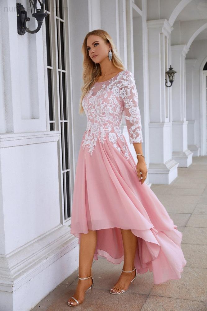Abito da sera da damigella con scollo rotondo, maniche lunghe in chiffon e pizzo, lunghezza corta davanti e lunga dietro, abito da sposa da sera 28123