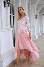 Abito da sera da damigella con scollo rotondo, maniche lunghe in chiffon e pizzo, lunghezza corta davanti e lunga dietro, abito da sposa da sera 28123