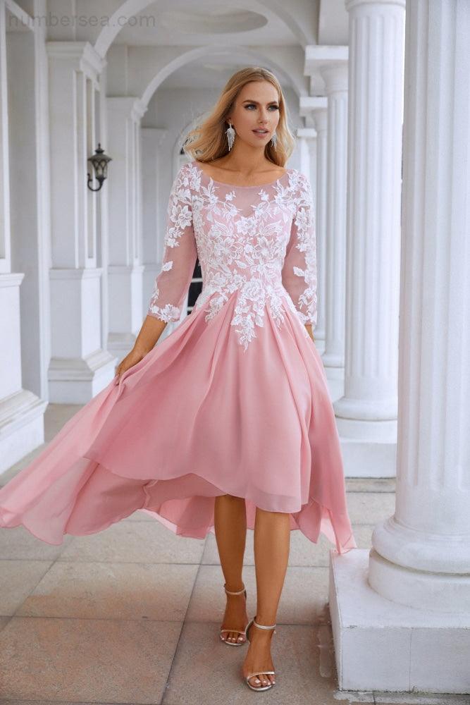 Abito da sera da damigella con scollo rotondo, maniche lunghe in chiffon e pizzo, lunghezza corta davanti e lunga dietro, abito da sposa da sera 28123