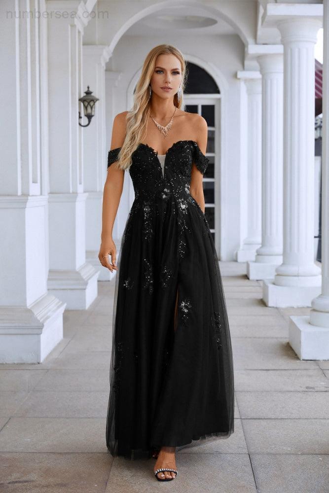 Abito da sera lungo fino a terra per damigella, da donna, in chiffon, con scollo a V, maniche a sbuffo, ricamo in tulle, per festa di ballo, matrimonio, serata 28127