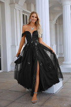 Abito da sera lungo fino a terra per damigella, da donna, in chiffon, con scollo a V, maniche a sbuffo, ricamo in tulle, per festa di ballo, matrimonio, serata 28127