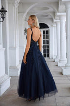 Abito da sera lungo da damigella in chiffon con scollo a V, ricamo in tulle, stile strascico, per festa di matrimonio, ballo di fine anno 28128