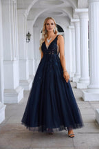 Abito da sera lungo da damigella in chiffon con scollo a V, ricamo in tulle, stile strascico, per festa di matrimonio, ballo di fine anno 28128
