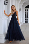 Abito da sera lungo da damigella in chiffon con scollo a V, ricamo in tulle, stile strascico, per festa di matrimonio, ballo di fine anno 28128