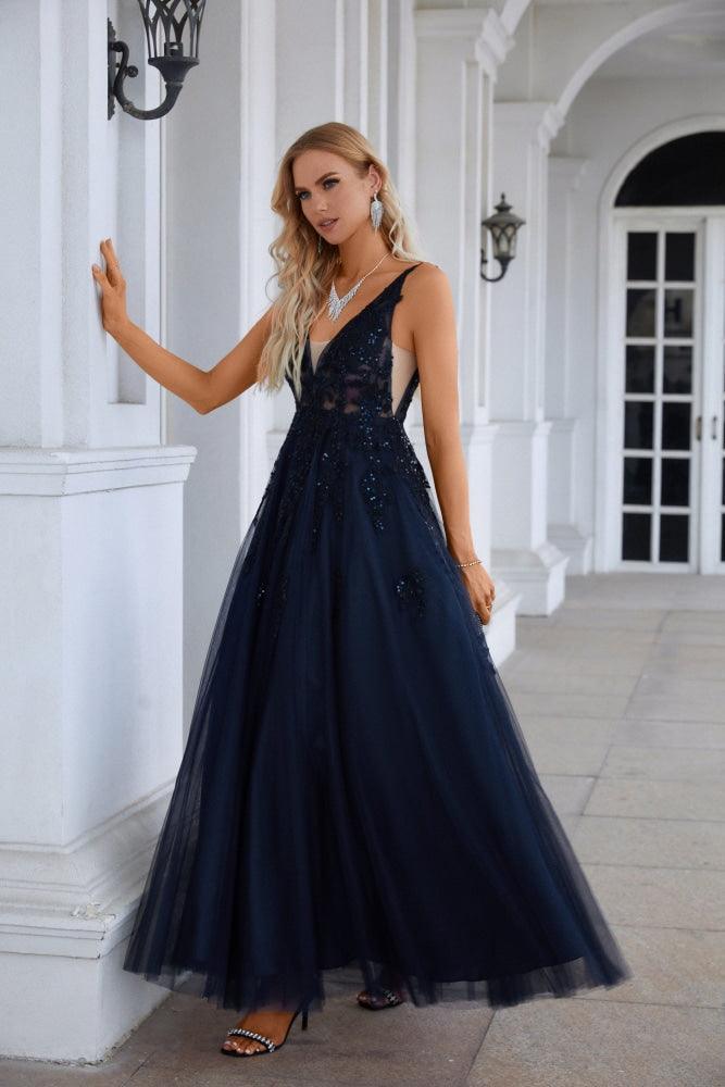 Abito da sera lungo da damigella in chiffon con scollo a V, ricamo in tulle, stile strascico, per festa di matrimonio, ballo di fine anno 28128