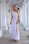 Abito da sera senza maniche con una spalla sola in chiffon con fiocco, damigella d'onore, abito da cerimonia, ballo di fine anno, festa SEA28133
