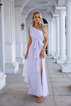 Abito da sera senza maniche con una spalla sola in chiffon con fiocco, damigella d'onore, abito da cerimonia, ballo di fine anno, festa SEA28133