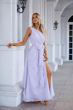 Abito da sera senza maniche con una spalla sola in chiffon con fiocco, damigella d'onore, abito da cerimonia, ballo di fine anno, festa SEA28133