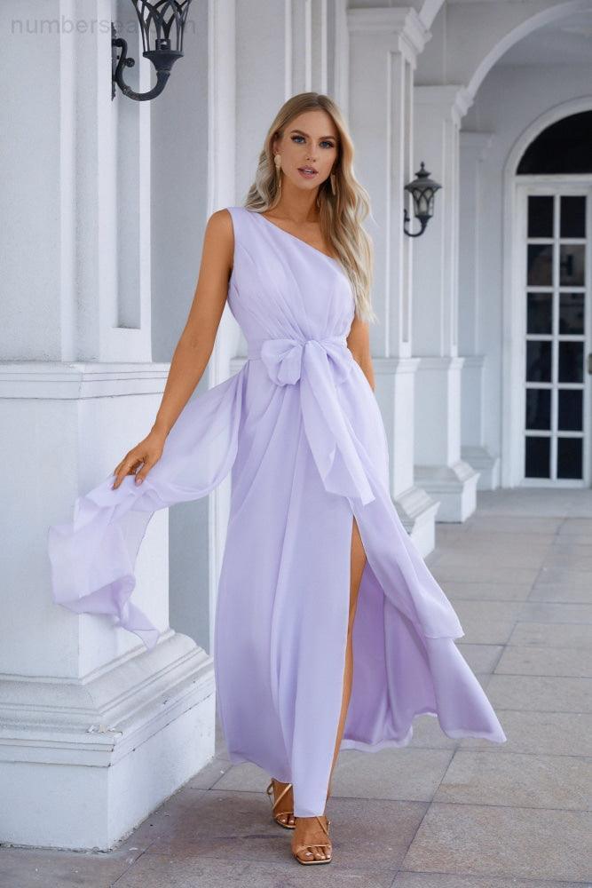 Abito da sera senza maniche con una spalla sola in chiffon con fiocco, damigella d'onore, abito da cerimonia, ballo di fine anno, festa SEA28133