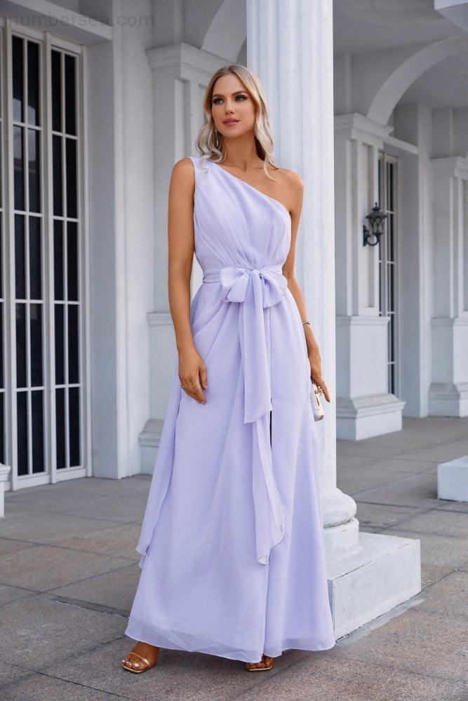 Abito da sera senza maniche con una spalla sola in chiffon con fiocco, damigella d'onore, abito da cerimonia, ballo di fine anno, festa SEA28133