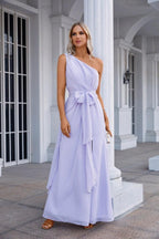 Abito da sera senza maniche con una spalla sola in chiffon con fiocco, damigella d'onore, abito da cerimonia, ballo di fine anno, festa SEA28133