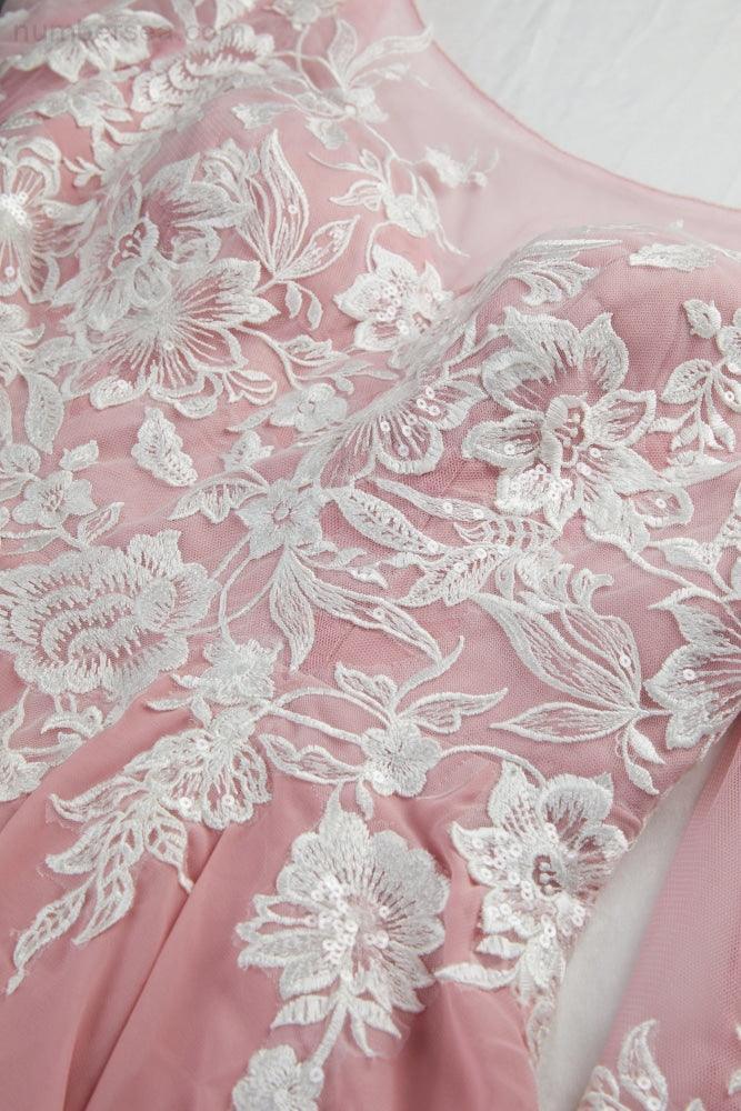 Abito da sera da damigella con scollo rotondo, maniche lunghe in chiffon e pizzo, lunghezza corta davanti e lunga dietro, abito da sposa da sera 28123