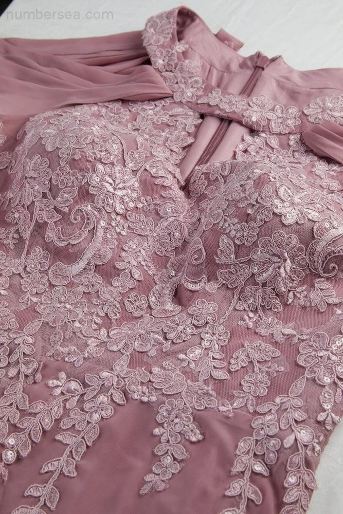 Abito da sera lungo da damigella d'onore in chiffon con ricamo, maniche svolazzanti e strascico, abito da sera per ballo e festa di matrimonio 28119