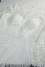 Damen Rundhalsausschnitt Langarm Vorderschlitz Chiffon Spitzen bodenlanges Brautjungfern Abendkleid Hochzeitsball Festkleid 28122