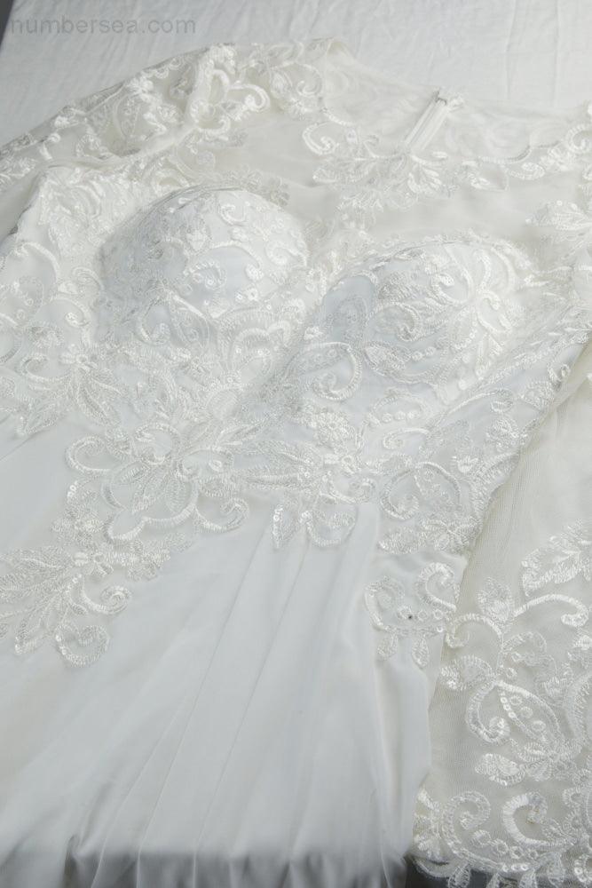 Damen Rundhalsausschnitt Langarm Vorderschlitz Chiffon Spitzen bodenlanges Brautjungfern Abendkleid Hochzeitsball Festkleid 28122