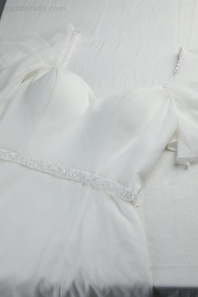 Abito da sera da damigella con maniche a volant in chiffon, spacco frontale, per ballo, matrimonio e festa serale 28115