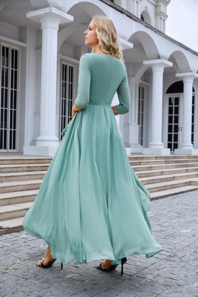 Abito da sera lungo da damigella con maniche lunghe in chiffon, scollo a V, lunghezza fino al pavimento, per matrimonio, festa in spiaggia 28095