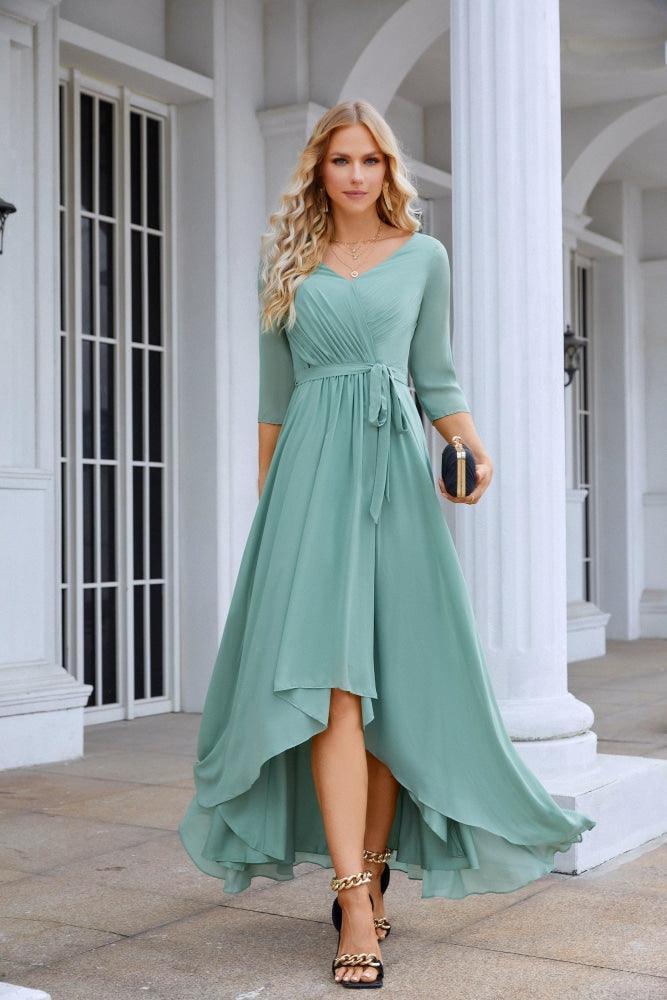 Abito da sera lungo da damigella con maniche lunghe in chiffon, scollo a V, lunghezza fino al pavimento, per matrimonio, festa in spiaggia 28095