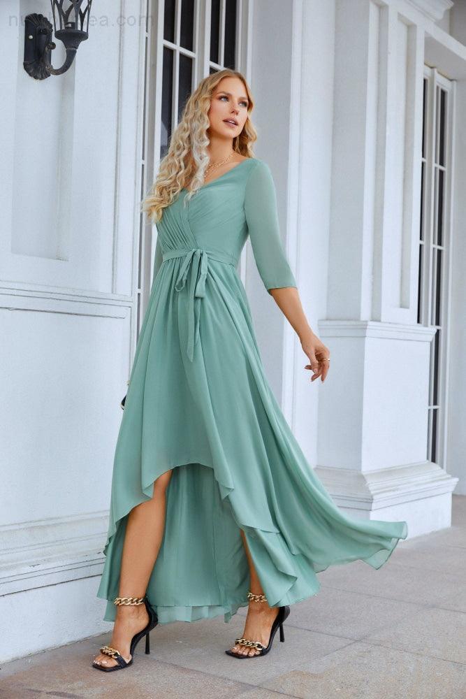 Abito da sera lungo da damigella con maniche lunghe in chiffon, scollo a V, lunghezza fino al pavimento, per matrimonio, festa in spiaggia 28095