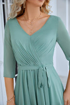 Abito da sera lungo da damigella con maniche lunghe in chiffon, scollo a V, lunghezza fino al pavimento, per matrimonio, festa in spiaggia 28095