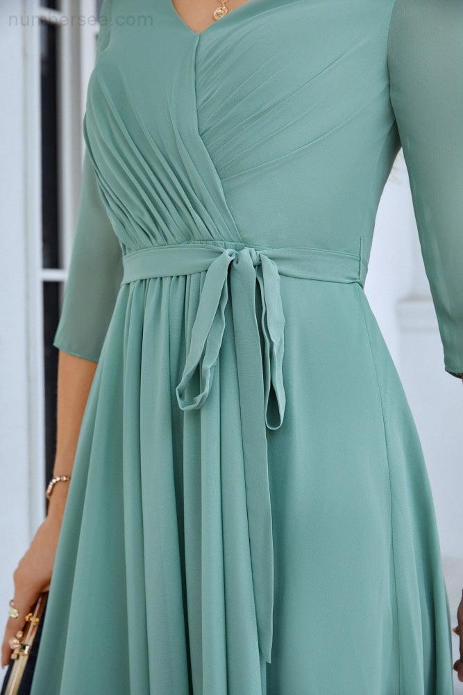 Abito da sera lungo da damigella con maniche lunghe in chiffon, scollo a V, lunghezza fino al pavimento, per matrimonio, festa in spiaggia 28095