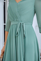 Abito da sera lungo da damigella con maniche lunghe in chiffon, scollo a V, lunghezza fino al pavimento, per matrimonio, festa in spiaggia 28095
