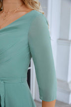 Abito da sera lungo da damigella con maniche lunghe in chiffon, scollo a V, lunghezza fino al pavimento, per matrimonio, festa in spiaggia 28095