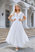 Abito da sera da damigella con scollo a V, maniche a volant in chiffon, per matrimonio in spiaggia, festa serale 28097