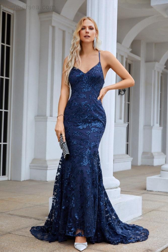 Senhoras cinta de espaguete bordado v pescoço sereia longo vestido de dama de honra baile de casamento vestido de noite 28087