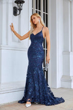 Senhoras cinta de espaguete bordado v pescoço sereia longo vestido de dama de honra baile de casamento vestido de noite 28087
