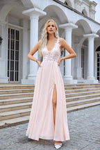 Vestido de Dama de Honra para Festa de Casamento, Noite, com Decote em V, Fenda Frontal, Alças Finas e Rendas em Chiffon 28088