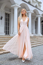 Vestido de Dama de Honra para Festa de Casamento, Noite, com Decote em V, Fenda Frontal, Alças Finas e Rendas em Chiffon 28088