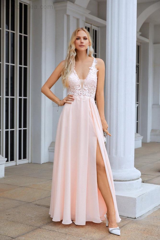 Vestido de Dama de Honra para Festa de Casamento, Noite, com Decote em V, Fenda Frontal, Alças Finas e Rendas em Chiffon 28088