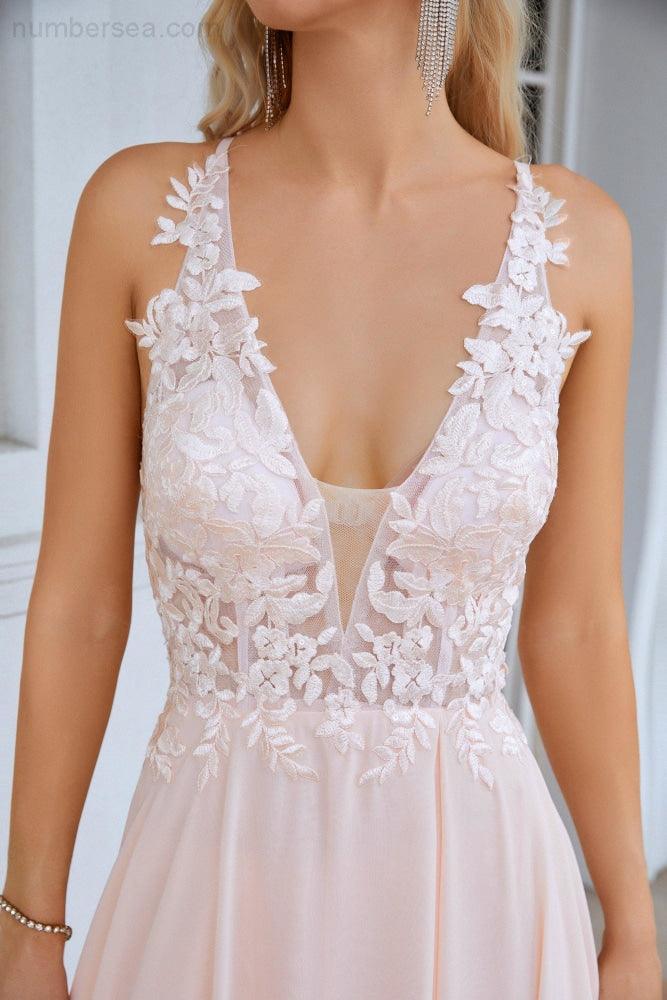 Vestido de Dama de Honra para Festa de Casamento, Noite, com Decote em V, Fenda Frontal, Alças Finas e Rendas em Chiffon 28088