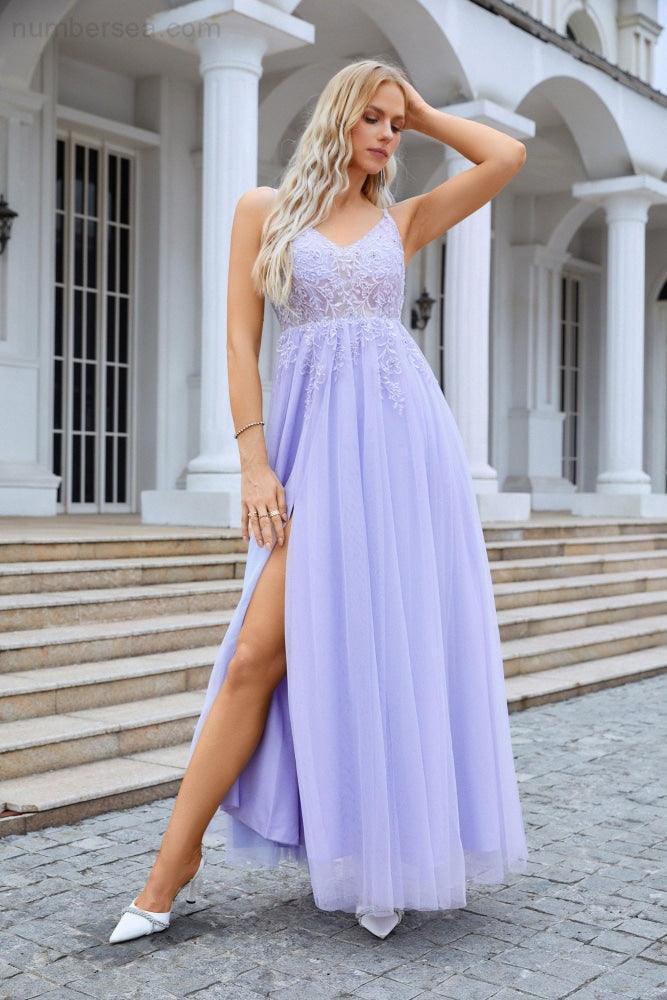 Senhoras decote em v chiffon renda cinta espaguete vestido de dama de honra festa de casamento praia vestido de noite 28090