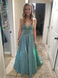 Vestido de noite cintilante em linha A com decote em V Vestido de formatura Y6754