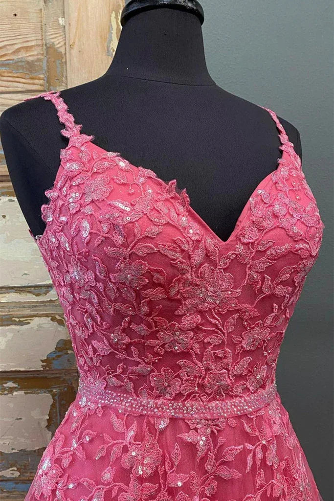 A Line V Neck Beaded Hot Pink Lace Long Prom Dress, Hot Pink Lace Formal Graduation Evening Dress Y216
