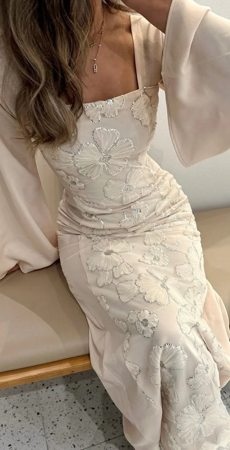 Vestido largo de fiesta formal con escote cuadrado y flores de satén glamoroso Y8399