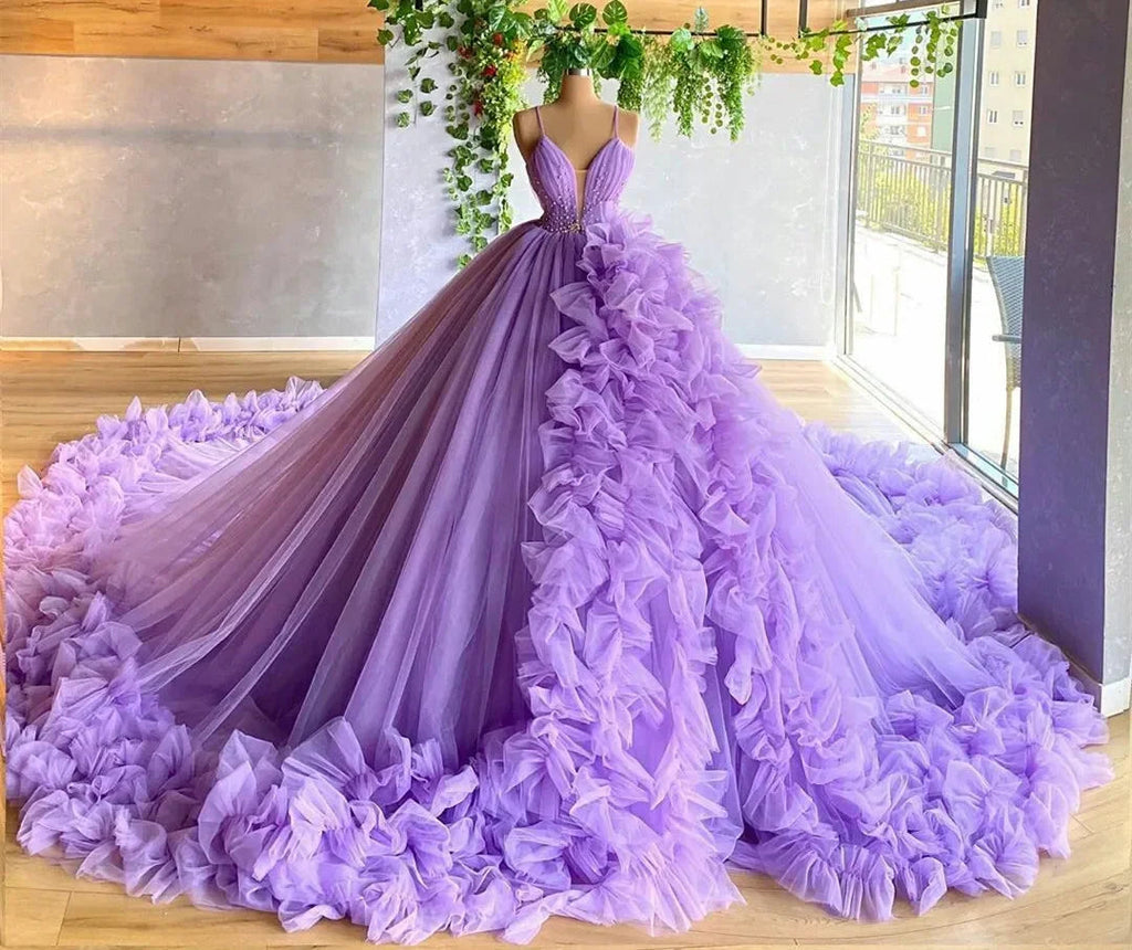 Vestido de baile morado de tul con escote en V y falda en línea A, vestido de princesa morado, vestido de hada Y6590