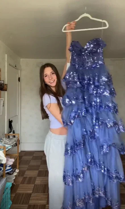 Vestido de noite formal com folhos em tule azul cintilante e lantejoulas, com racha, para baile Y7961
