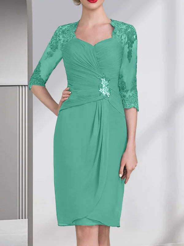 Vestido de madrina de novia de gasa con apliques de cuentas, encaje, lentejuelas y pliegues, largo hasta la rodilla, corte tubo y columna, con escote corazón