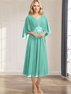 A-line V-Neck Tea-Length Chiffon Mother of the Bride Dress With Pleated Sequins Appliques Lace Beadind