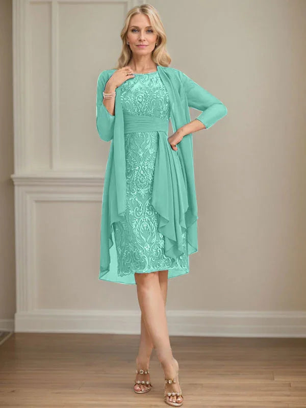 Etui/Säulenförmiges Kleid mit Illusion, knielang, aus Spitze und Chiffon, Brautmutterkleid mit herabfließenden Rüschen und Pailletten