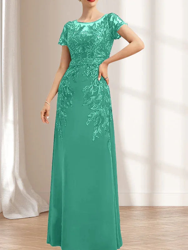 Vestido de madrina de novia con ilusión, corte columna y fajín, largo hasta el suelo, de encaje y gasa con lentejuelas